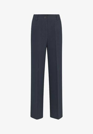 Navy blue, tailored trousers with a straight leg design, featuring a front button closure and subtle crease details. Smooth fabric texture.