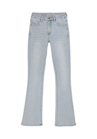 Ljusblå utsvängda jeans i denim, med fem fickor, knapp- och dragkedjestängning samt bälteshällor. Slät yta med minimal blekning.