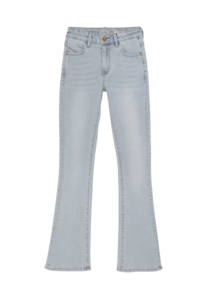 Ljusblå utsvängda jeans i denim, med fem fickor, knapp- och dragkedjestängning samt bälteshällor. Slät yta med minimal blekning.