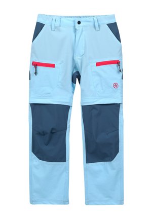 Pantalones exteriores de color azul claro con detalles en azul oscuro, con dos bolsillos frontales con cremalleras rojas y áreas de rodillas reforzadas para mayor durabilidad.