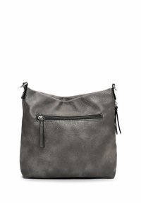 Borsa a tracolla in pelle grigia con una finitura testurizzata, dotata di una tasca anteriore con zip e spallacci regolabili. Design semplice e morbido.