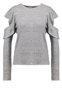 Maglione grigio a maniche lunghe con dettagli arruffati sulle spalle, realizzato in un morbido tessuto testurizzato con scollatura rotonda.