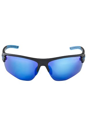 Sport sunglasses with a black frame and blue mirrored lenses. Contains ergonomic design for comfort and durability, featuring flexible temples.