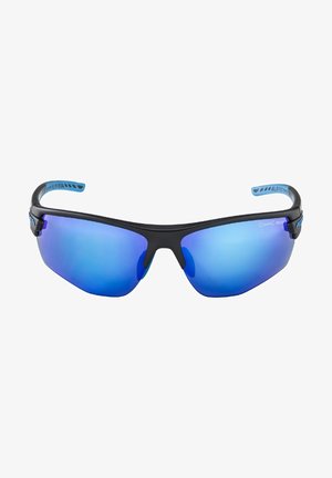Sport sunglasses with a black frame and blue mirrored lenses. Contains ergonomic design for comfort and durability, featuring flexible temples.