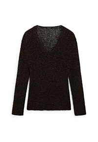 Pull en maille marron foncé à col en V avec manches longues et motif légèrement texturé, posé à plat sur un fond blanc.