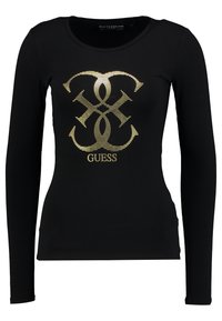 Schwarzes Langarmoberteil aus weichem Stoff, mit einem goldgestreiften Logodesign in der Mitte. Runder Ausschnitt und taillierte Silhouette.