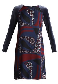 Langärmliges Kleid mit einem marineblauen Oberkörper und abstrakten Mustern in Maroon, Schwarz und Weiß. Glattes Material mit lockerer Passform.