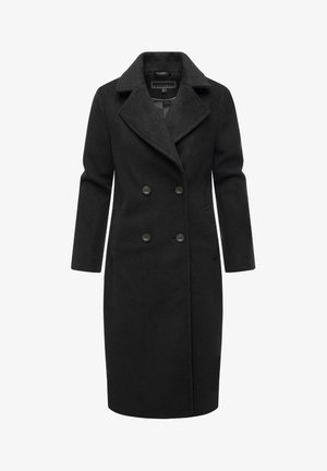 Cappotto in misto lana nera con chiusura doppiopetto, ampi rever, maniche lunghe e due bottoni frontali. Tessuto liscio con vestibilità su misura.