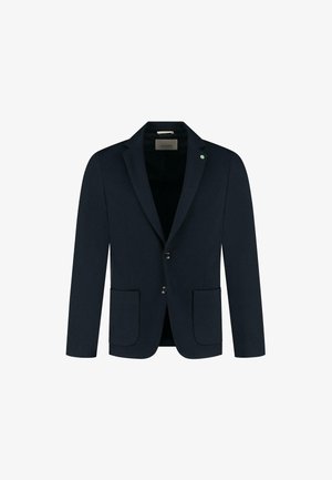 Navy blue tailored blazer with two front pockets, two buttons, and a notched lapel; made of smooth fabric with a subtle texture.