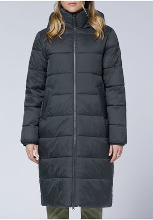 Schwarzer, puffiger, mittellanger Mantel mit hohem Kragen, durchgehendem Reißverschluss und Seitentaschen. Besitzt ein gestepptes Design für Isolierung und Wärme.