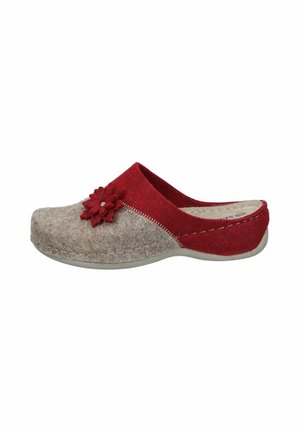 Felt clogs featuring a combination of gray and red materials, a floral accent on the upper, and contrasting stitching along the seams.
