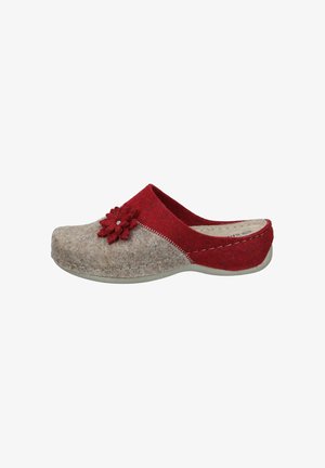 Felt clogs featuring a combination of gray and red materials, a floral accent on the upper, and contrasting stitching along the seams.
