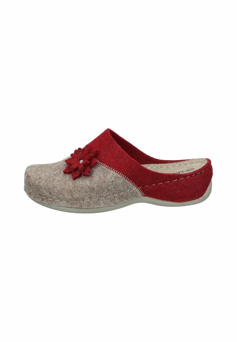 Felt clogs featuring a combination of gray and red materials, a floral accent on the upper, and contrasting stitching along the seams.