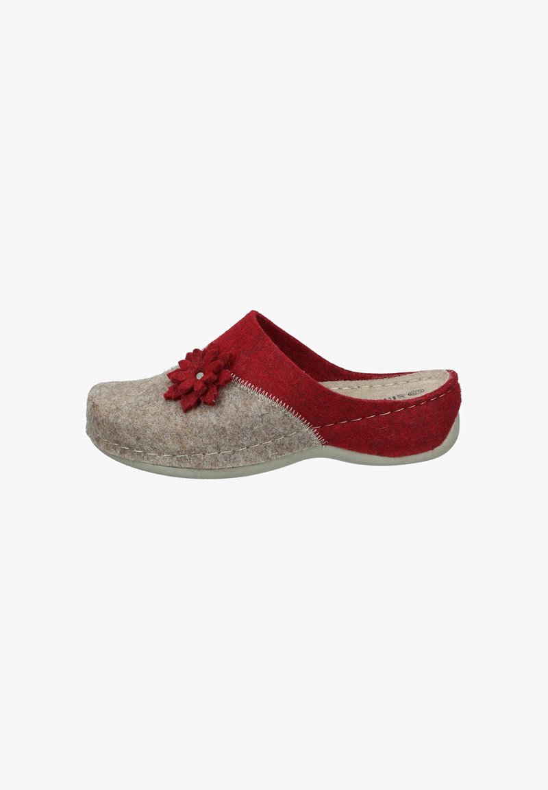 Felt clogs featuring a combination of gray and red materials, a floral accent on the upper, and contrasting stitching along the seams.