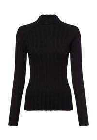 Schwarzes, geripptes Langarm-Turtleneck-Oberteil mit einem Rüschenausschnitt. Der Stoff wirkt weich und figurbetont und betont die Körperform.