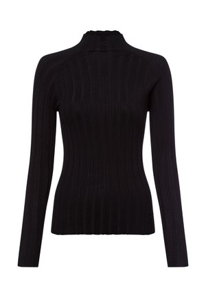 Schwarzes, geripptes Langarm-Turtleneck-Oberteil mit einem Rüschenausschnitt. Der Stoff wirkt weich und figurbetont und betont die Körperform.
