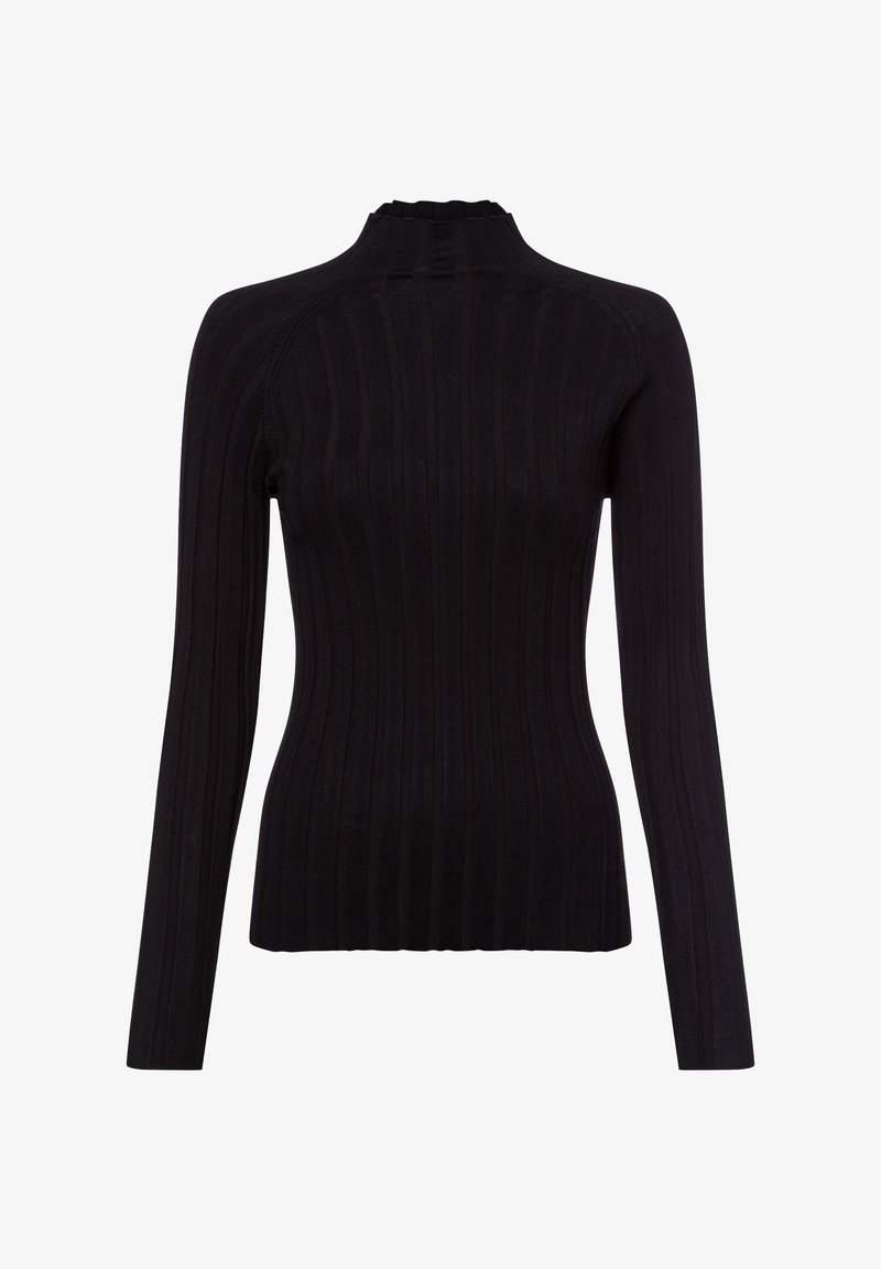 Schwarzes, geripptes Langarm-Turtleneck-Oberteil mit einem Rüschenausschnitt. Der Stoff wirkt weich und figurbetont und betont die Körperform.