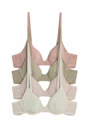Four stacked padded bras in beige, light pink, olive green, and off-white, each with lace side panels and adjustable straps.