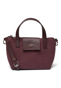 Bolsa de mão bordô com duas alças curtas, uma alça de ombro destacável e um fecho de aba texturizada. Tecido liso com forma estruturada.