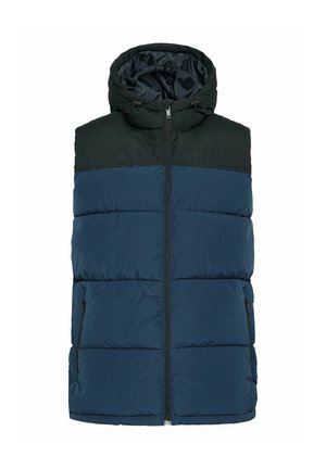 Marineblå polstret vest med en sort toppanel, glidelås, justerbar hette og to sidelommer med glidelås. Glatt yttertrefabrikk med kviltet tekstur.