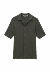 Donkergroene shirt met korte mouwen, voorzien van een gebreid textuurontwerp, knoopsluiting en een puntige kraag. Heeft een ontspannen pasvorm.