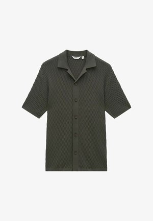 Kortärmad mörkgrön skjorta med ett strukturerat stickat mönster, knäppning och spetsig krage. Har en avslappnad passform.