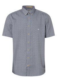 Kurzärmeliges Hemd in Marineblau mit einem dezenten weißen geometrischen Muster. Ausgestattet mit klassischem Kragen und hellen Holzknöpfen.