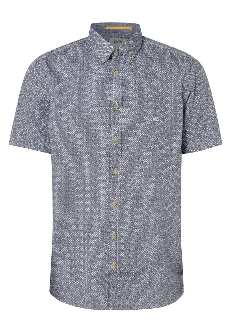 Kurzärmeliges Hemd in Marineblau mit einem dezenten weißen geometrischen Muster. Ausgestattet mit klassischem Kragen und hellen Holzknöpfen.