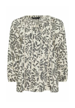Crèmekleurige blouse met lange mouwen, zwart gestippeld bladpatroon, geplooide halslijn met strik aan de voorkant en verticale kantinzetten.