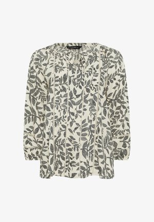 Crèmekleurige blouse met lange mouwen, zwart gestippeld bladpatroon, geplooide halslijn met strik aan de voorkant en verticale kantinzetten.