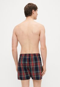 Kąpielówki w kratę w kolorach granatowym, czerwonym, żółtym i zielonym. Elastyczny pas dla wygody. Lekka tkanina, długość do połowy uda. Widok z tyłu.