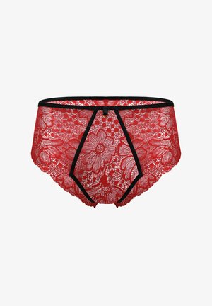 Czerwone koronkowe majtki z kwiatowym wzorem, czarnym wykończeniem, wysoki stan i falbaniasty brzeg. Posiadają centralny czarny akcent.