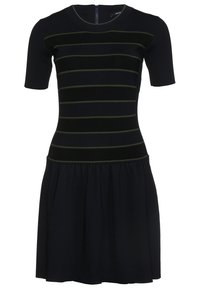 Robe noire à manches courtes avec corsage côtelé ajusté présentant des rayures horizontales vert olive et une jupe évasée froncée.