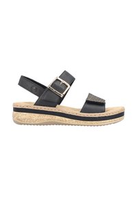 Sandale noire avec des bretelles ajustables, dessus texturé, boucle métallique et détails tissés. Semelle en liège et en caoutchouc avec un motif texturé.