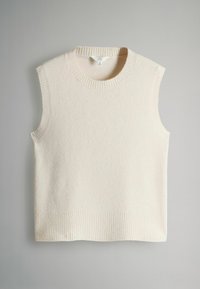 Cremfarbener ärmelloser Stricktop mit geripptem Rundhalsausschnitt und unterem Saum, aus weichem Stoff mit strukturierter Oberfläche.