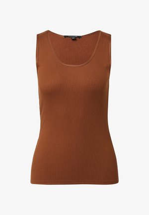 Braunes geripptes Tanktop mit rundem Ausschnitt, ärmellosem Design und taillierter Passform. Glatte Textur und dezente Nähte im gesamten Design.