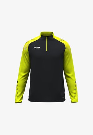 Zwart en felgeel sporttop met lange mouwen en een kwartrits, JAKO-logo op de borst, en geprofileerde gele schouders en mouwen.