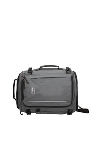 Sac de sport rectangulaire gris avec poche avant zippée, poignées noires, bretelles réglables et logo « Coveri active » sur le rabat de la poche.