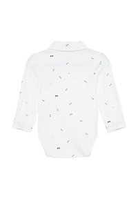 Weißer Langarm-Body mit kleinem Fliegenmuster in Hellblau und Marineblau. Mit Kragen und geknöpften Manschetten. Weicher Stoff, lässiges Design.