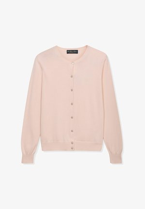 Cardigan rose clair à manches longues avec boutons, col rond et poignets et ourlet côtelés, posé à plat sur un fond blanc.