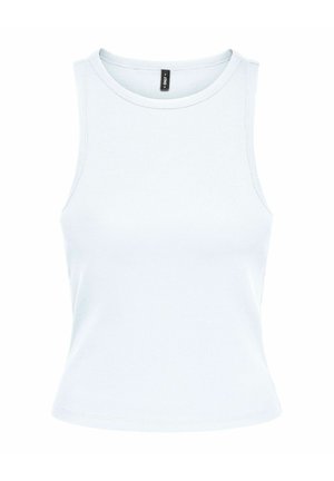 Hvid ribbet ærmeløs tanktop med rund halsudskæring og lille sort mærke indeni kraven.