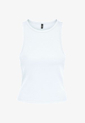 Camiseta sin mangas acanalada blanca con escote redondo y una pequeña etiqueta negra de la marca dentro del cuello.