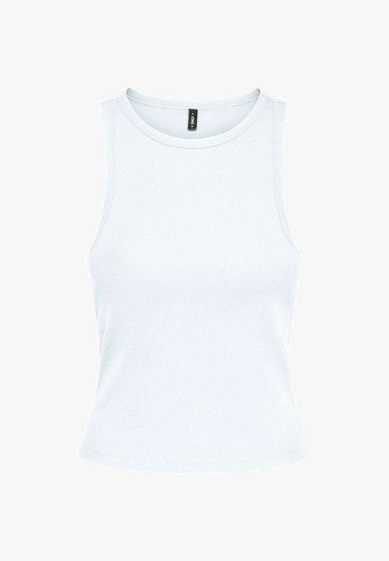 Débardeur blanc côtelé sans manches avec encolure ronde et une petite étiquette de marque noire à l'intérieur du col.