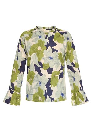 Bluse med lange ærmer med stort blomsterprint i grønne, blå og creme farver, V-udskæring og udvidede manchetter.