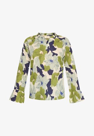 Bluse med lange ærmer med stort blomsterprint i grønne, blå og creme farver, V-udskæring og udvidede manchetter.