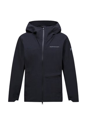 Schwarze Kapuzenjacke mit durchgehendem Frontreißverschluss, Reißverschlusstasche auf der Brust und "Peak Performance"-Logo auf der linken Brustseite und dem Ärmel.