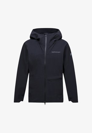 Zwarte capuchonjas met volledige ritssluiting aan de voorkant, een borstzak met rits en het "Peak Performance"-logo op de linkerborst en mouw.