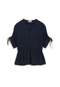 Blusa blu navy con scollatura a V, vita elasticizzata, maniche arricciate legate con cordini e orlo peplum.
