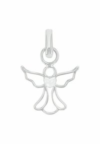 Charm angelo d'argento con design intricato delle ali e del corpo, caratterizzato da un cuore al centro e un anello per l'attacco. Finitura lucida.