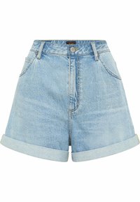 Vaaleansiniset farkkushortsit, joissa on korkea vyötärö, käännetyt lahkeet ja viisi taskua. Varustettu metallinapilla ja brändätillä tarralla vyötäröllä.